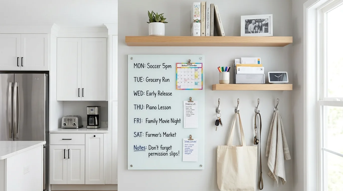 Labelled drawers in kitchen command center. Tidy family hub storage for household essentials.