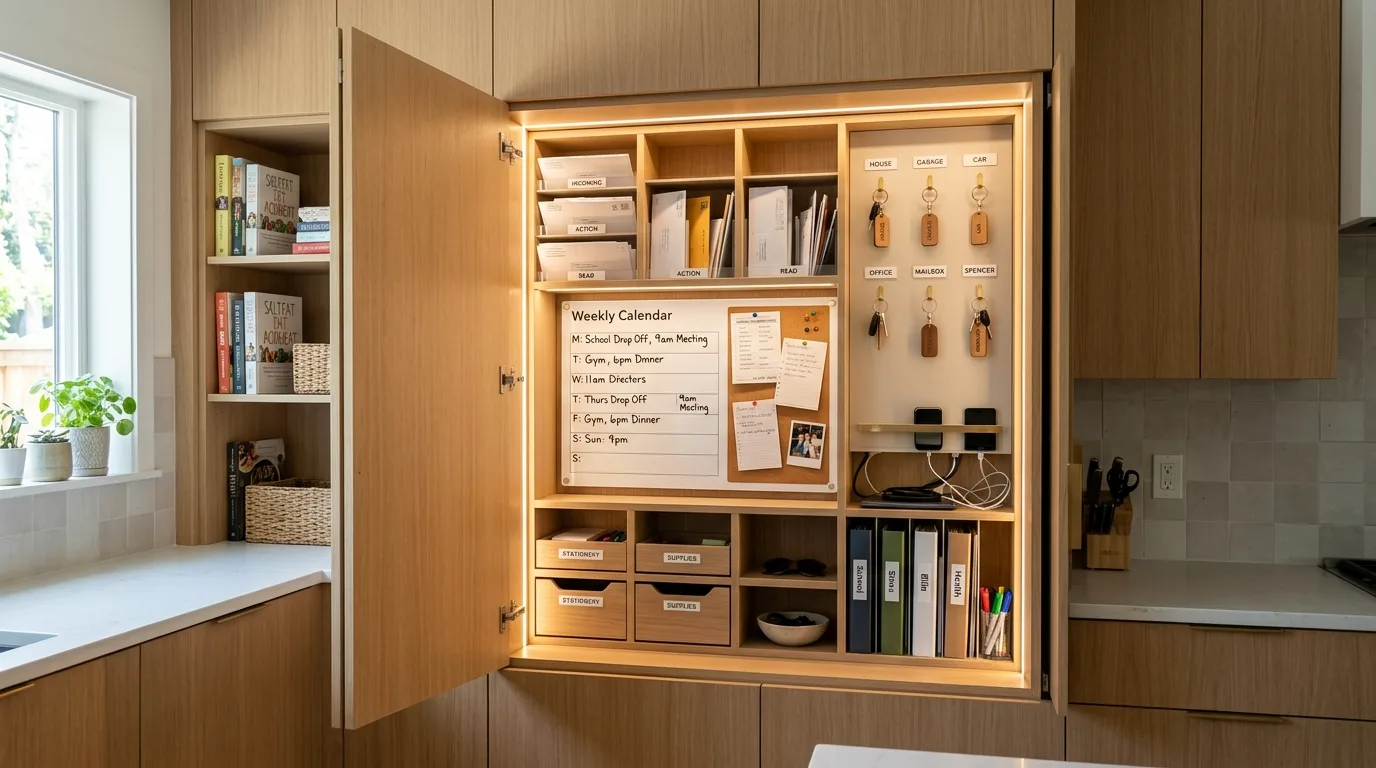 Slim wall file command center in kitchen. Compact paper organization for a tidy family kitchen hub.