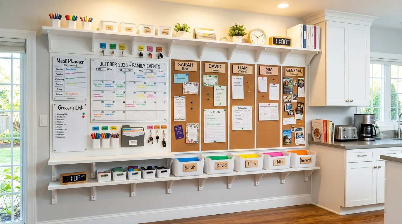 Kitchen-matching family command center. Organized hub designed to blend with the room's style.