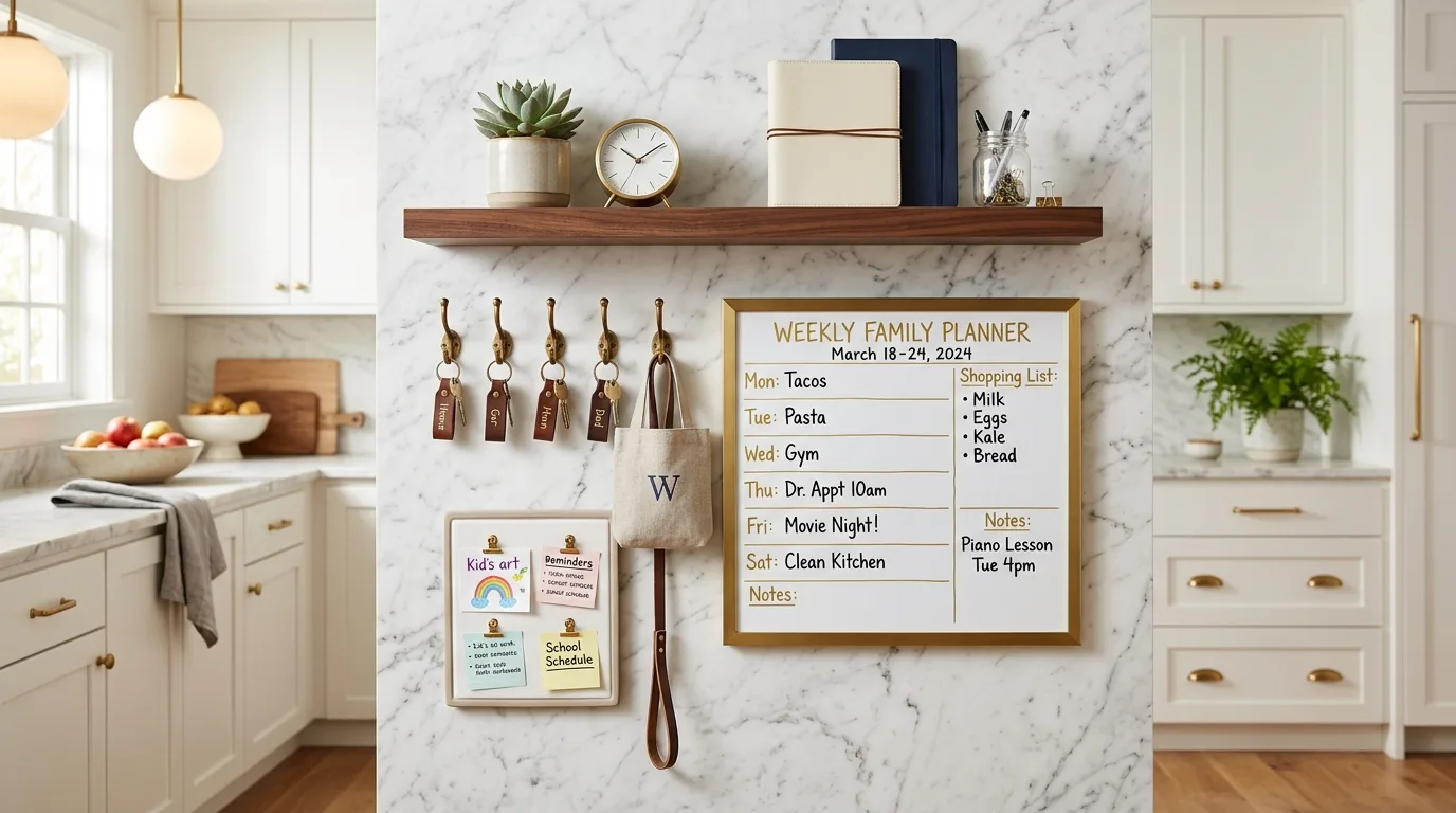 Resettable tidy kitchen family hub. Organized command center designed for easy daily upkeep.