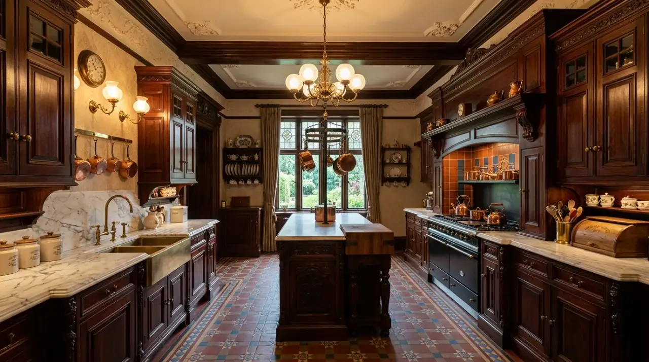 Ornate Victorian kitchen with period detailing, dark wood, decorative tile, and historic charm.