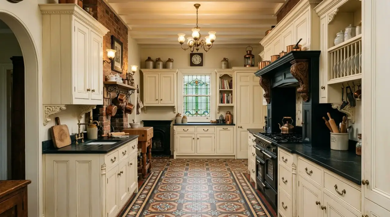 Dark Victorian kitchen cabinets. Period-style painted cabinets with depth and decorative trim.