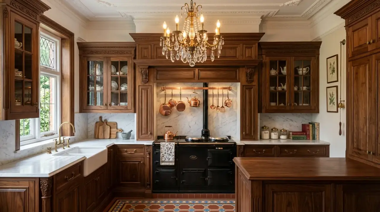 Victorian brass faucet kitchen. Bridge faucet detail adding period authenticity to a historic kitchen.