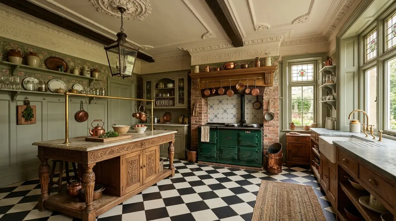 Victorian kitchen hutch. Furniture-style china display adding historic charm to the kitchen.