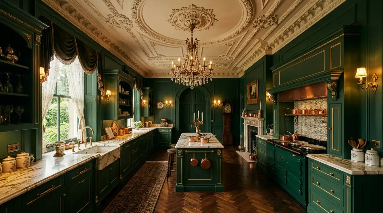 Victorian wallpaper kitchen. Period-inspired wall pattern adding ornate charm to the kitchen.