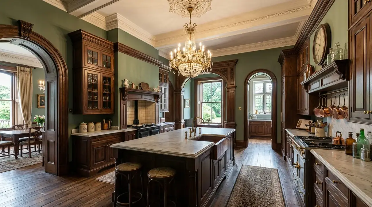 Victorian kitchen lighting. Decorative period lighting strengthening the historic kitchen mood.