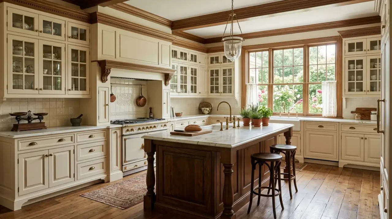 Victorian kitchen color palette. Deep jewel tones adding warmth and period richness to the kitchen.