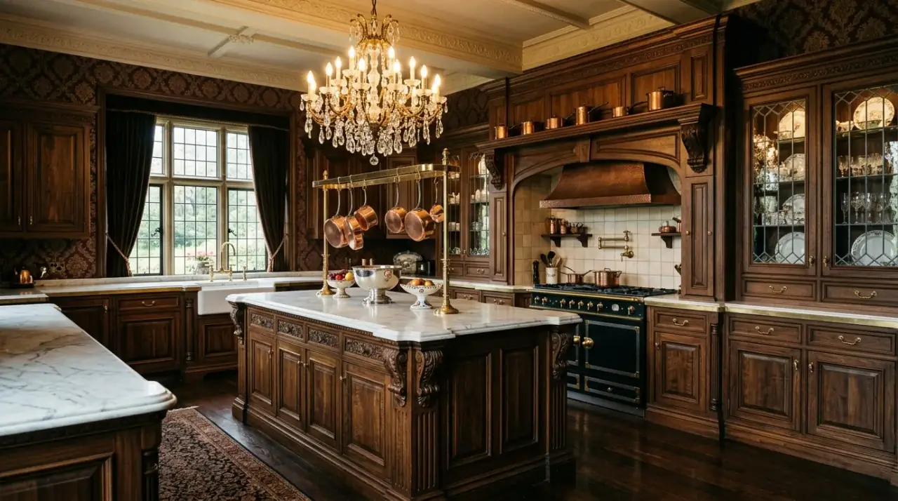 Functional Victorian kitchen. Historic kitchen charm balanced with practical modern usability.