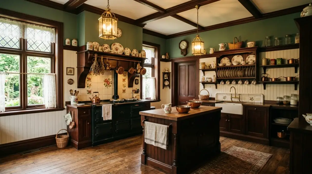 Victorian kitchen overview. Historic kitchen design balancing ornament, warmth, and practical daily life.