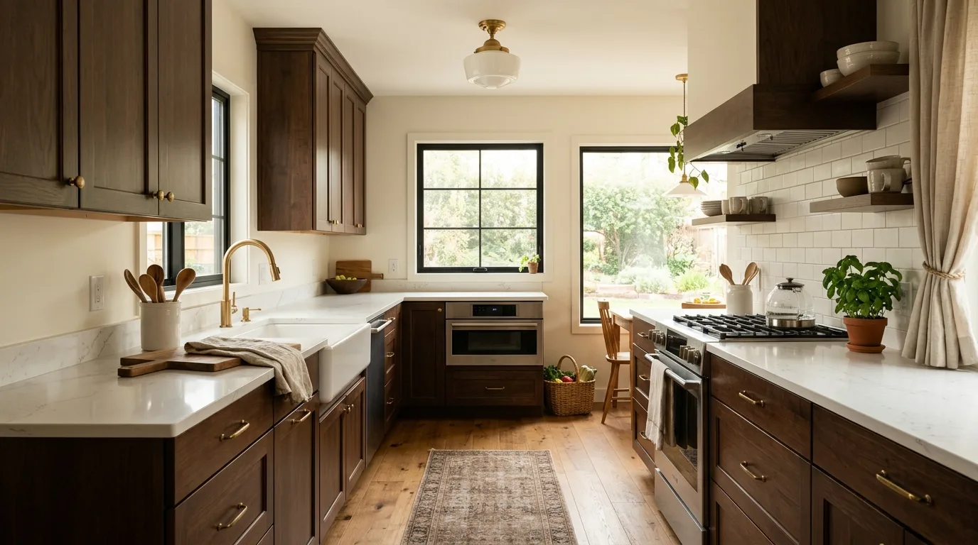 Brown kitchen cabinets paired with complementary wall colors in a warm, balanced kitchen.