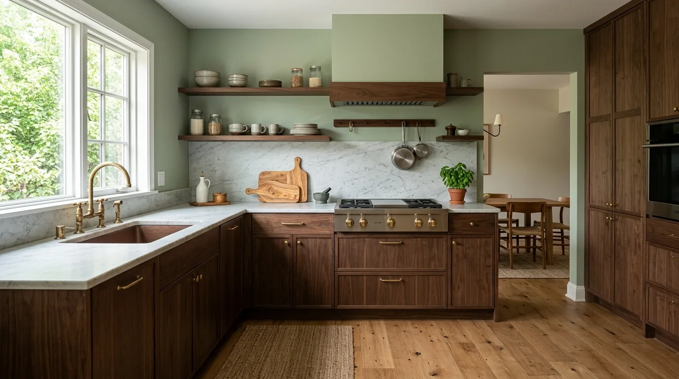 Brown kitchen cabinets with warm white walls. Clean light wall color modernizing brown wood cabinetry.
