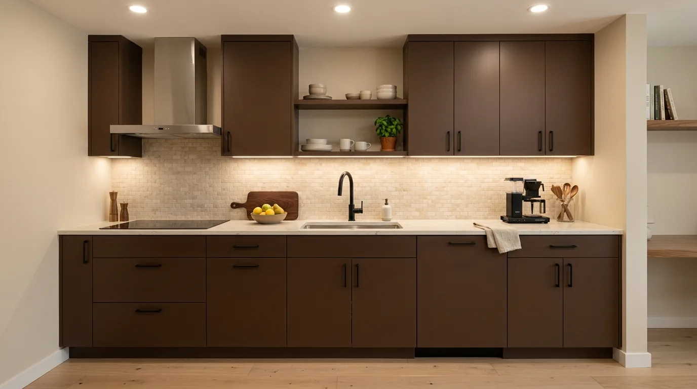 Brown cabinets with greige walls. Quiet modern neutral wall color paired with warm brown cabinetry.