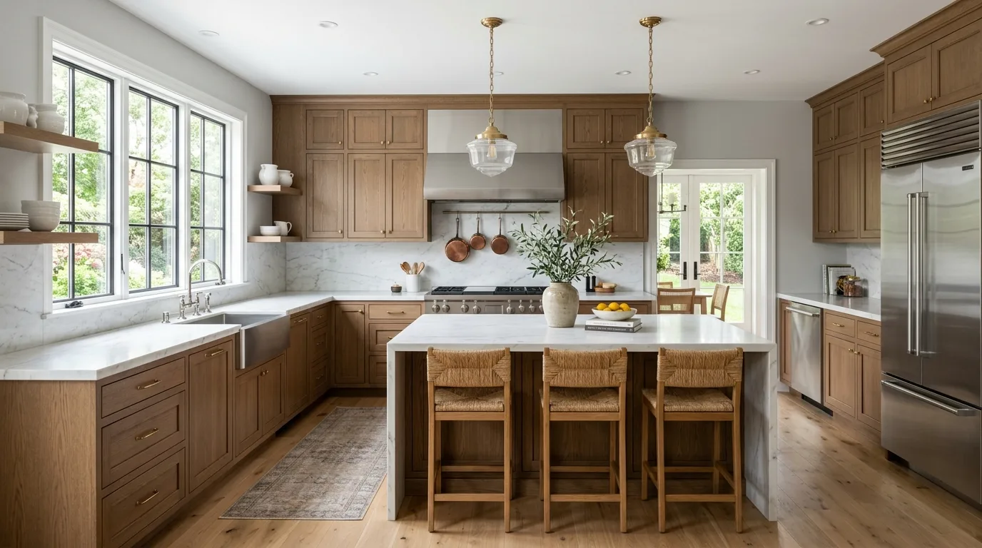 Brown kitchen cabinets with sage green walls. Earthy calm wall color complementing warm wood cabinetry.