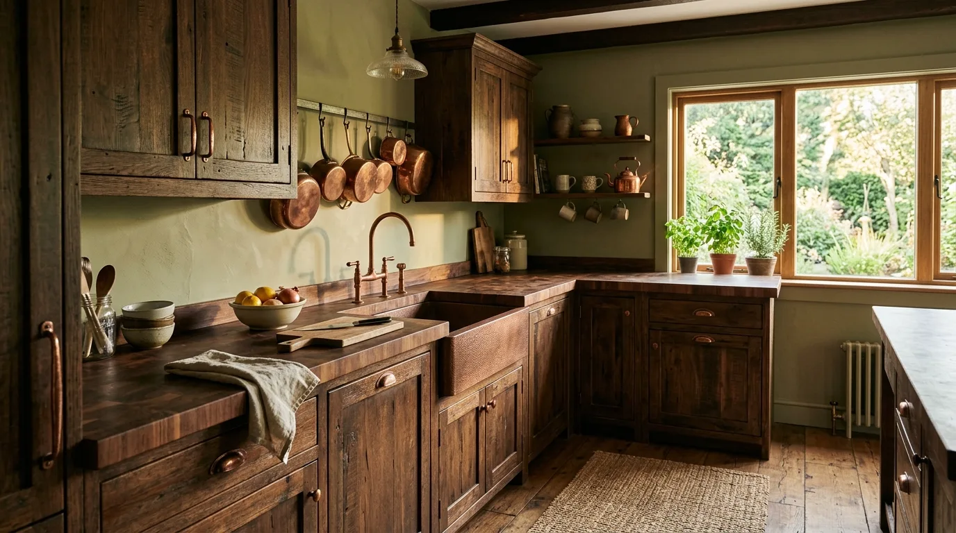 Brown cabinets with muted olive walls. Earthy wall color adding rich warmth to wood kitchen cabinets.