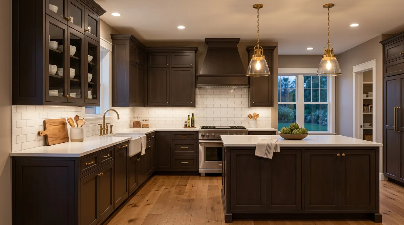 Brown kitchen cabinets with pale grey walls. Cool neutral wall color balancing warm wood tones.