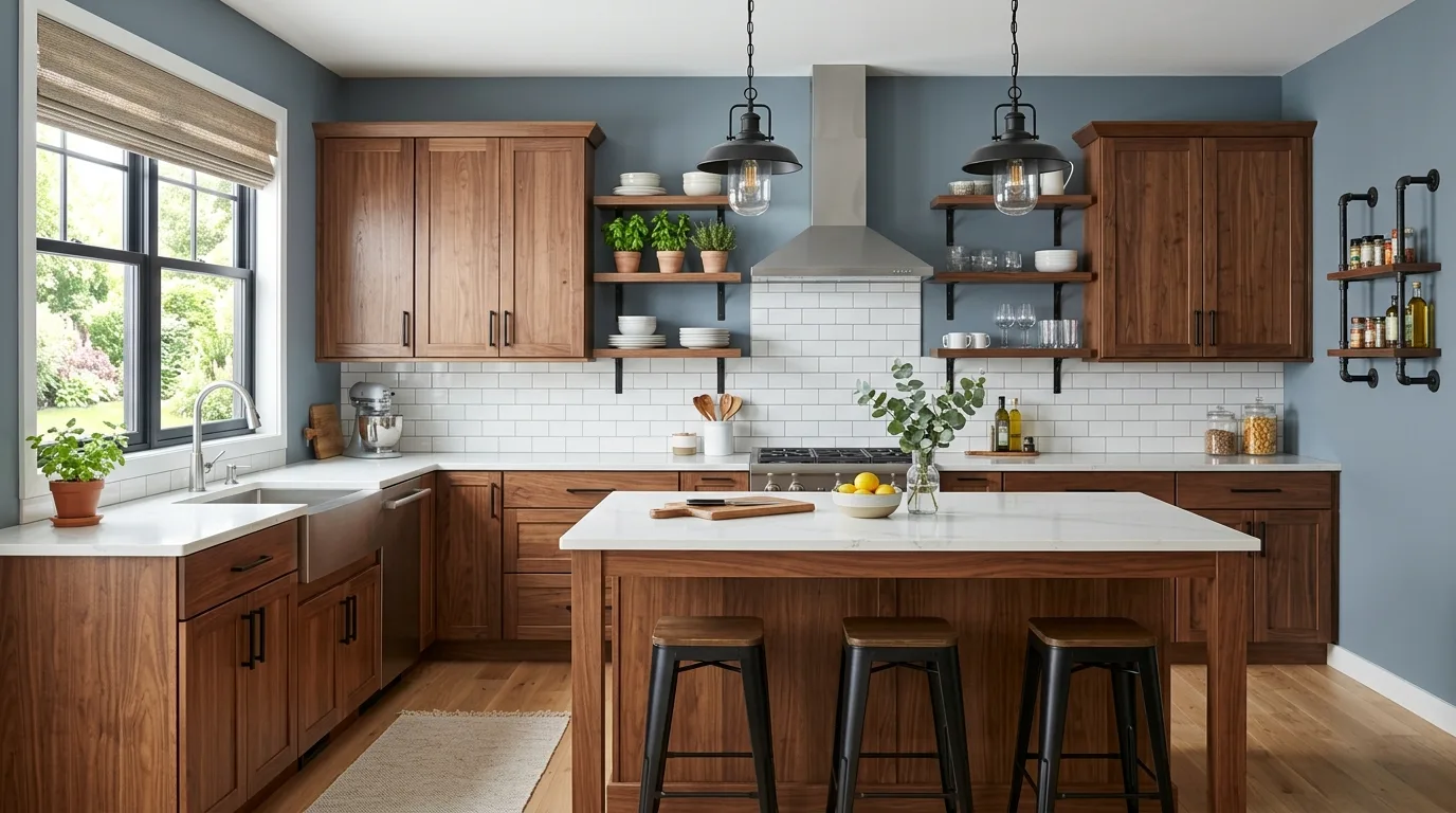 Brown cabinets with beige walls. Classic warm-neutral kitchen wall color pairing.