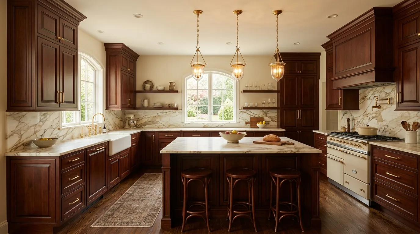 Brown cabinets with dusty blue walls. Soft cool wall color adding gentle contrast to wood cabinetry.