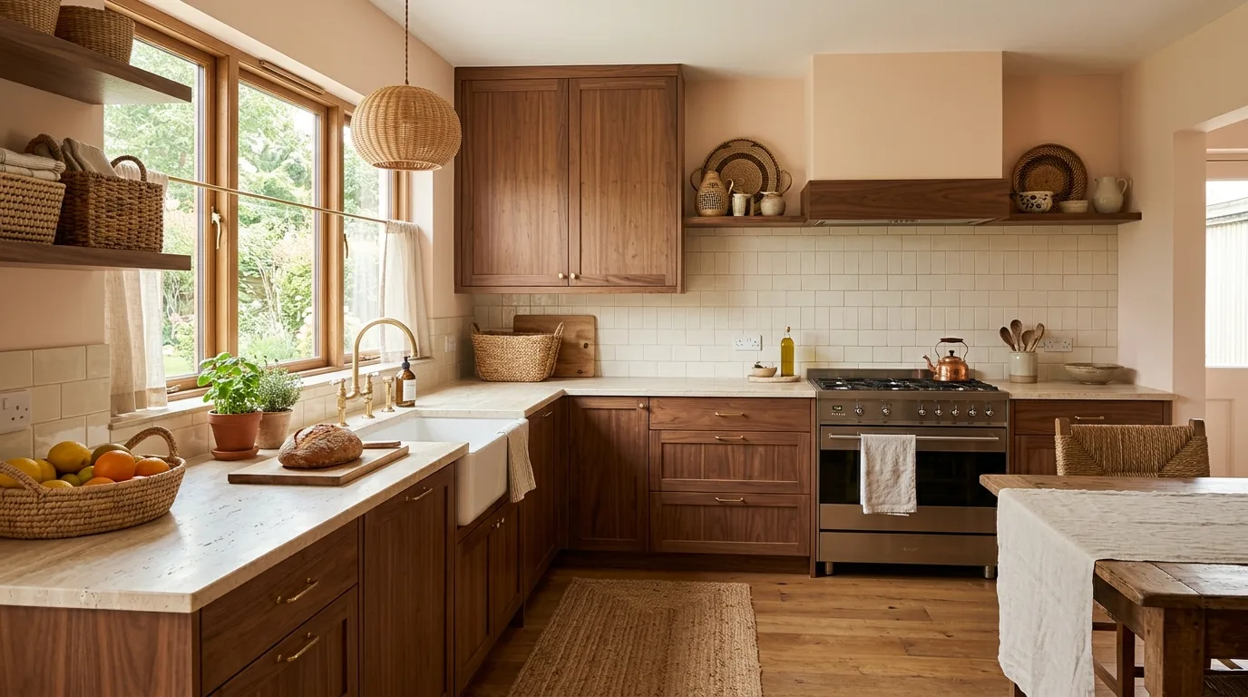 Brown cabinets with terracotta beige walls. Earth-warm wall color creating rustic kitchen character.