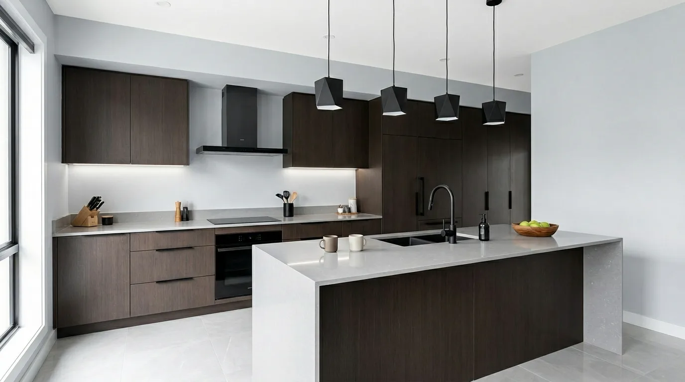 Brown cabinets with taupe walls. Refined neutral wall color supporting rich brown kitchen cabinetry.