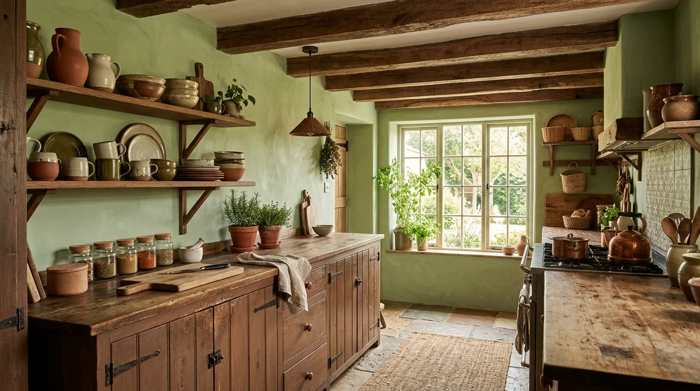 Brown kitchen cabinets with mushroom-colored walls. Soft earthy wall color adding calm depth around wood cabinetry.