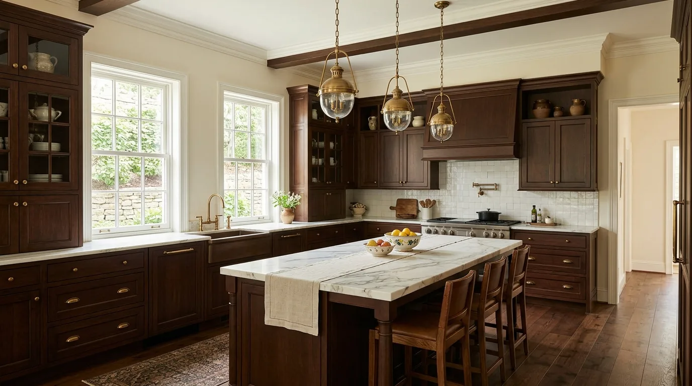 Brown cabinets with light peach beige walls. Warm uplifting wall color around classic wood kitchen cabinets.