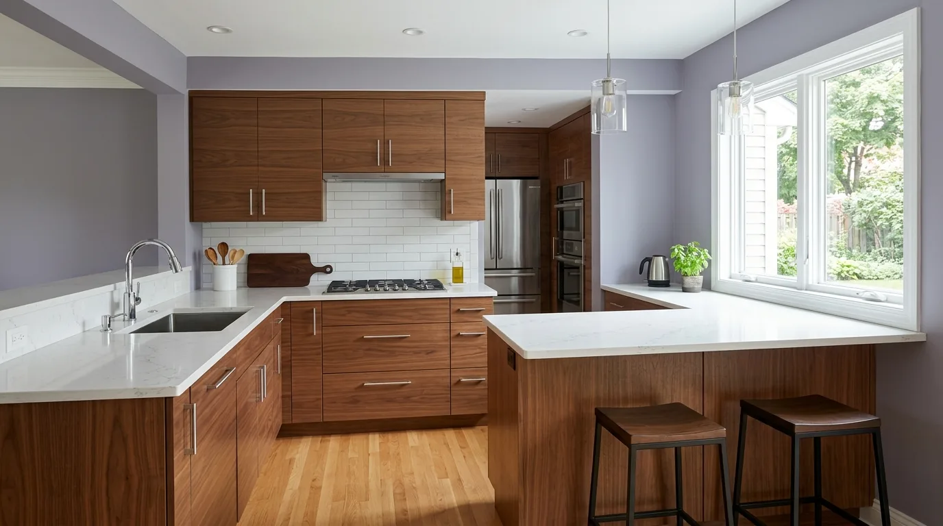 Brown cabinets with charcoal greige walls. Dramatic neutral wall color giving wood cabinetry strong contrast.