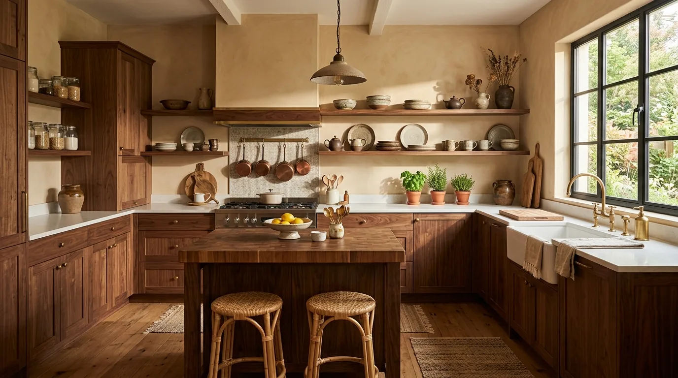 Wall color selection for brown kitchen cabinets. Balanced kitchen palette built around wood undertones.