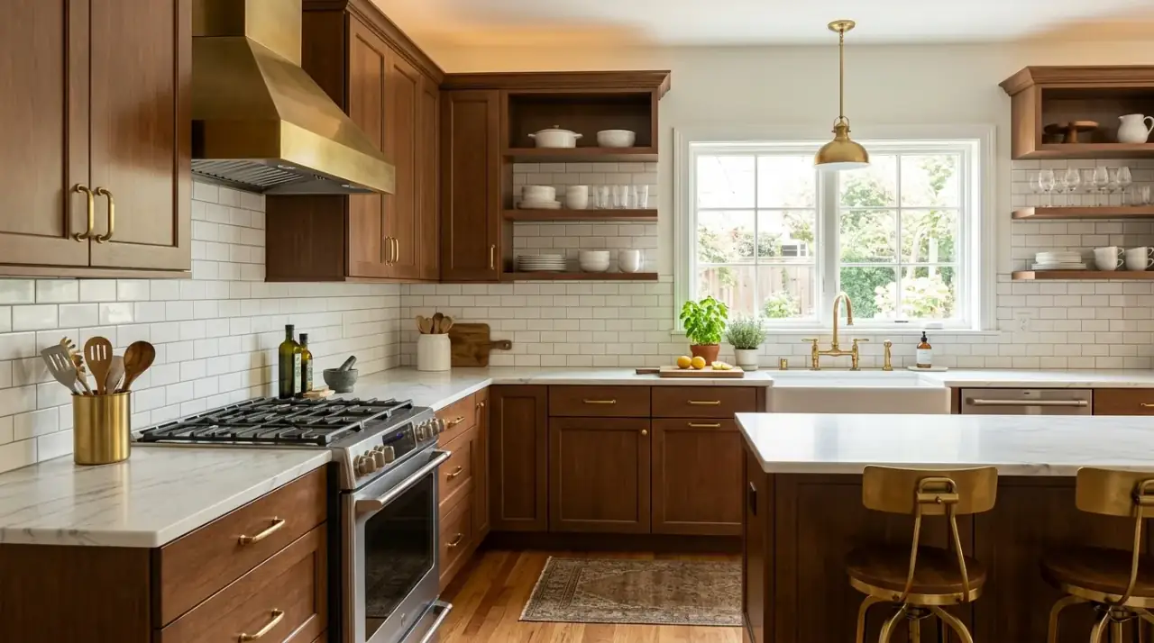 Kitchen backsplash pairing idea designed to complement warm brown cabinets with balanced color and texture.