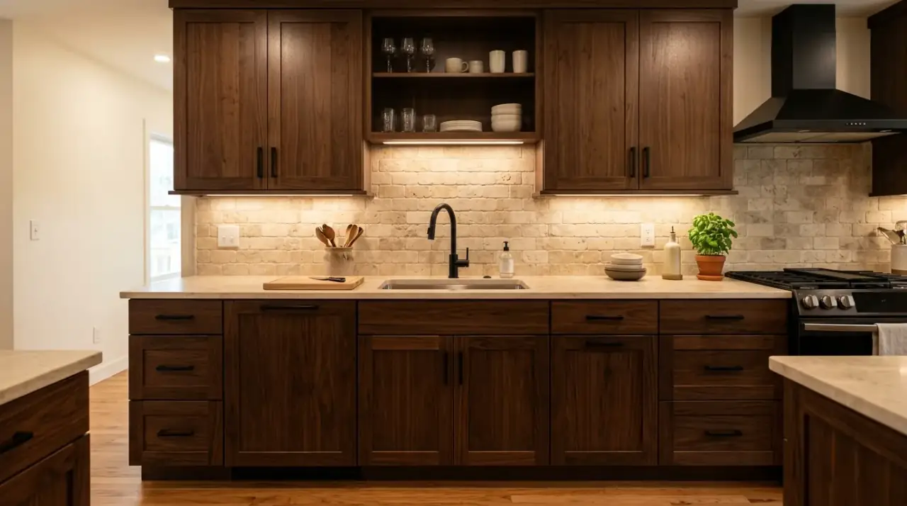 Cream handmade backsplash brown cabinets. Soft handcrafted tile pairing adding texture beside brown cabinetry.
