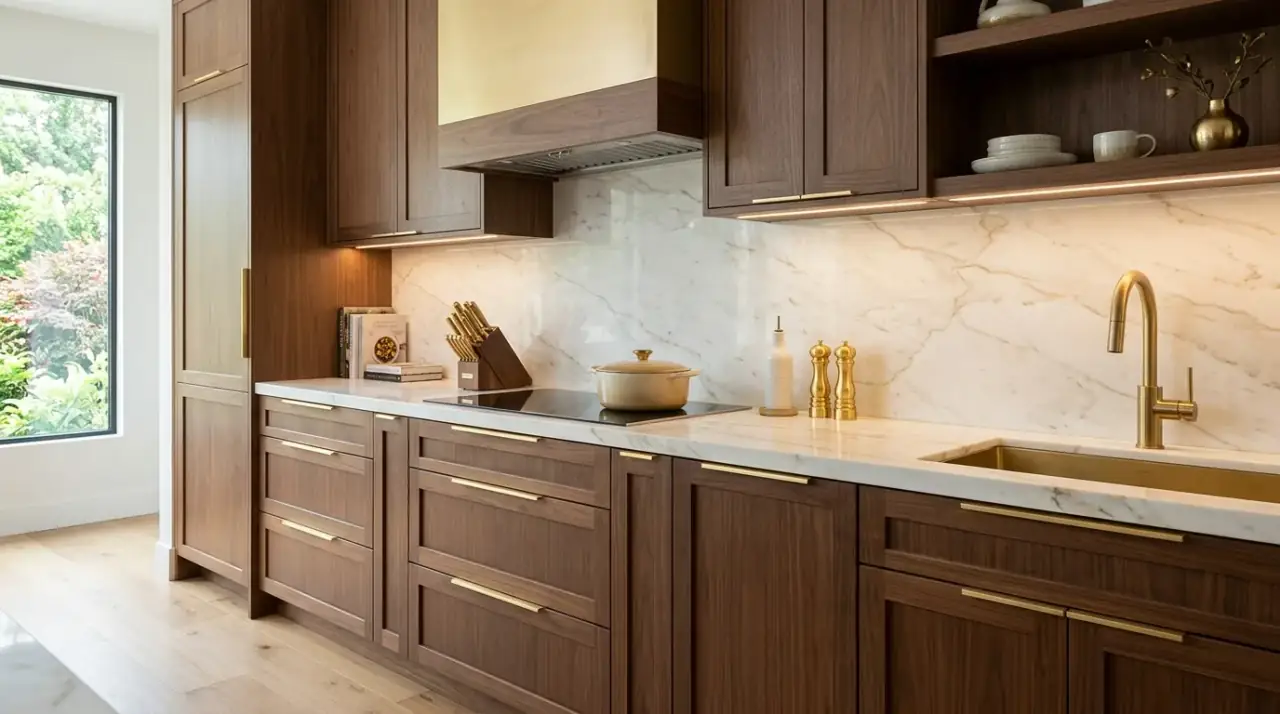 Stone backsplash with brown cabinets. Travertine-style backsplash supporting the warmth of brown cabinetry.