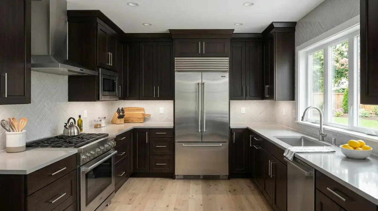 Glossy white backsplash brown cabinets. Reflective tile wall brightening a kitchen with darker cabinetry.