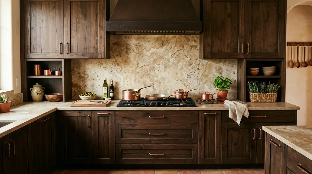 Slab backsplash brown cabinets. Marble-look backsplash wall refining a kitchen with brown cabinets.