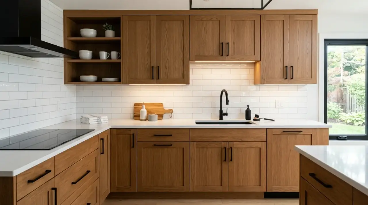 Beige backsplash with brown cabinets. Warm tonal backsplash creating a softer kitchen palette with brown wood.