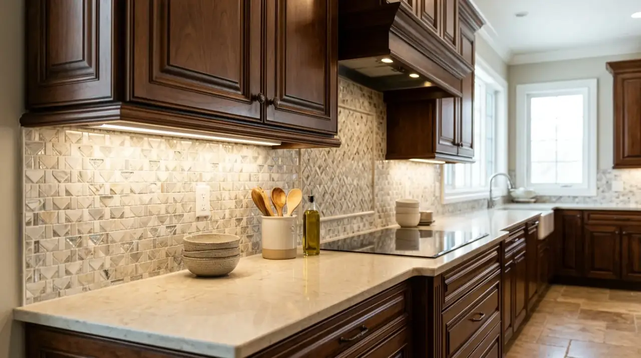Stacked tile brown cabinets. Modern vertical backsplash layout updating a kitchen with brown cabinetry.