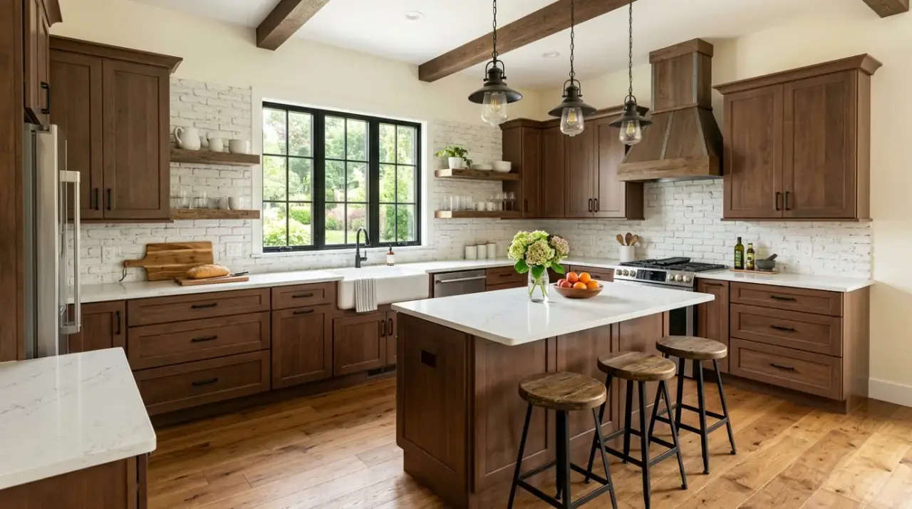Zellige backsplash brown cabinets. Handcrafted glossy white tile adding texture beside brown cabinetry.