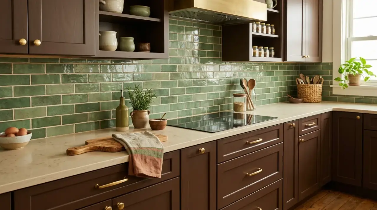 Herringbone backsplash brown cabinets. Subtle patterned tile adding elegance beside brown kitchen cabinetry.