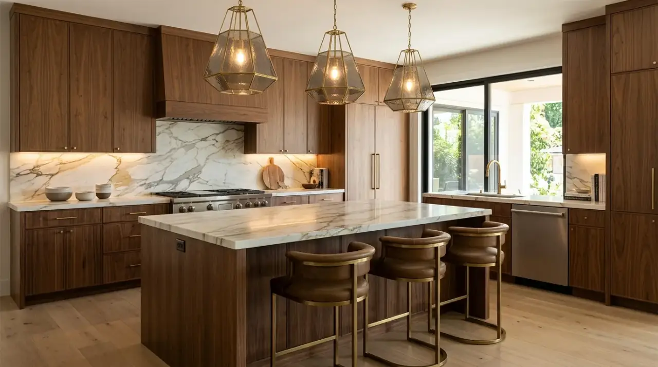Countertone backsplash brown cabinets. Backsplash chosen to match the undertones around brown kitchen cabinets.