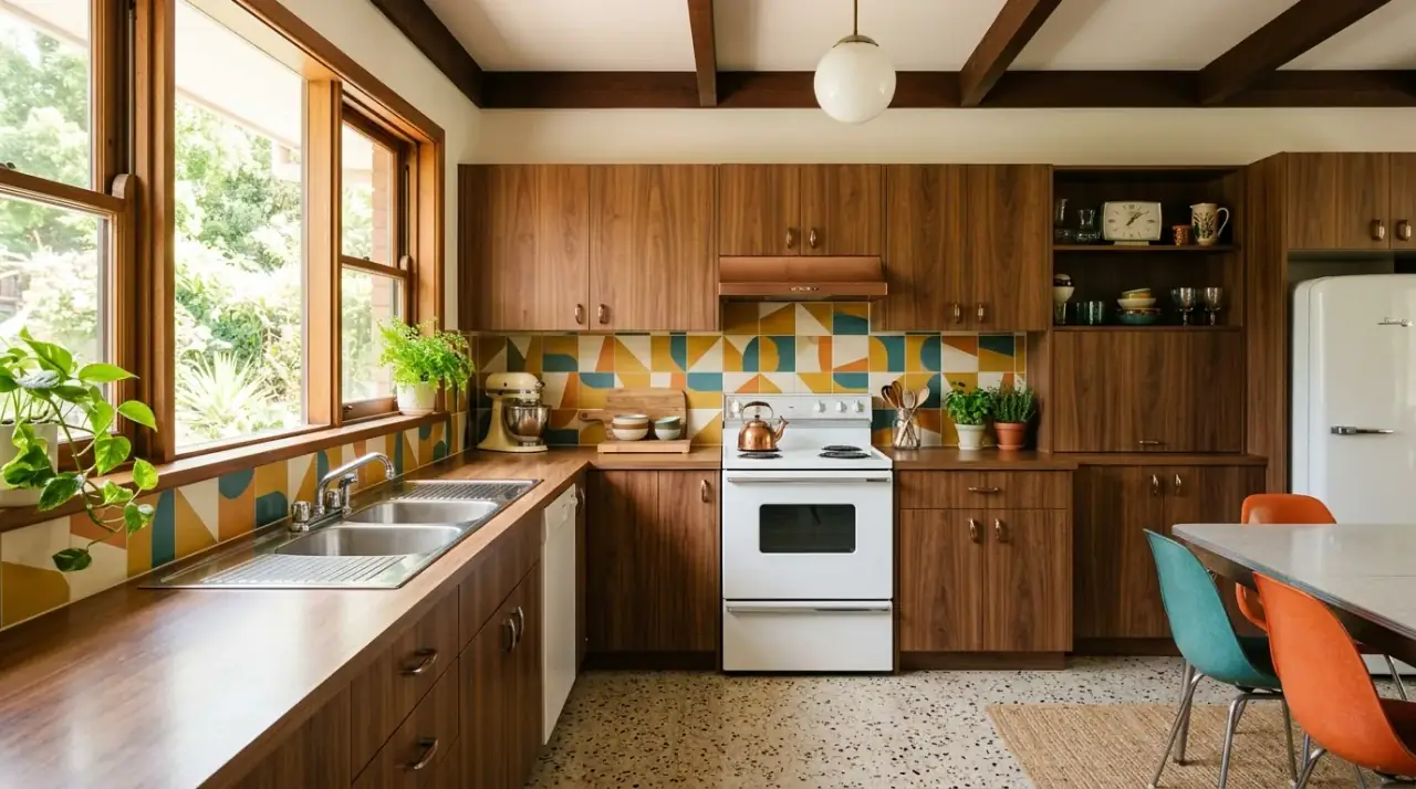 Practical kitchen with washing machine integration balancing laundry function with cooking space and style.