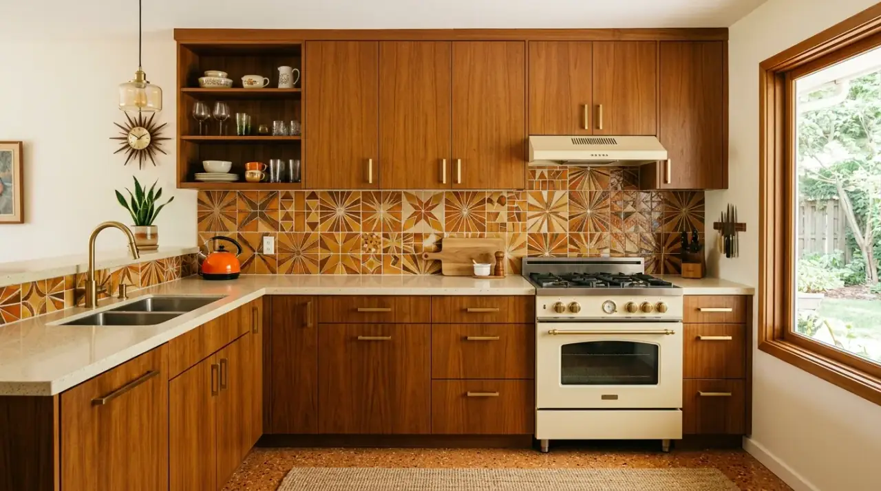 Laundry zone in kitchen. Practical kitchen layout with washing machine placed in a dedicated end zone.