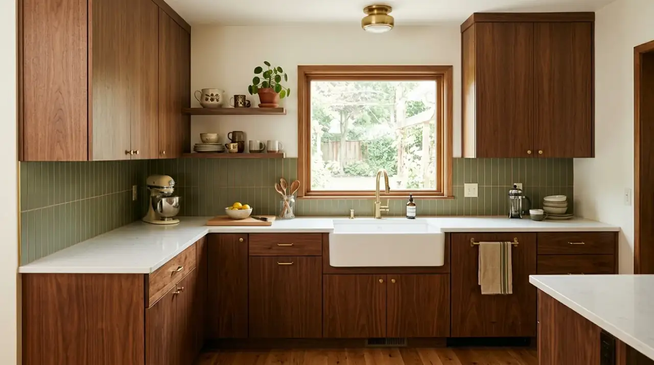 Counter over washing machine. Kitchen with practical countertop space above an integrated washing machine.