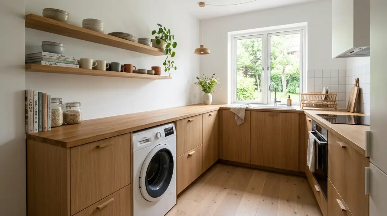 Visible washing machine in kitchen. Laundry appliance visually coordinated with surrounding kitchen finishes.