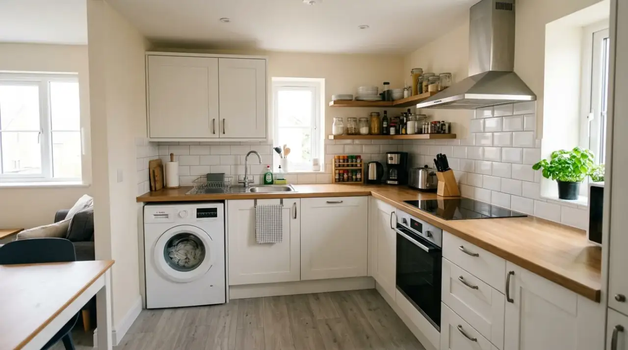Laundry supply storage kitchen. Kitchen organization with washing machine supplies stored neatly nearby.