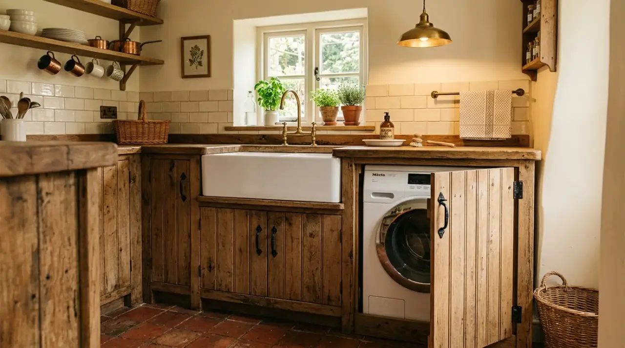 Washing machine away from prep zone. Kitchen layout separating the laundry appliance from the main prep area.