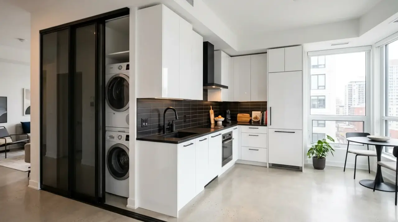 Laundry hamper in kitchen. Practical kitchen with washing machine and slim nearby laundry basket.