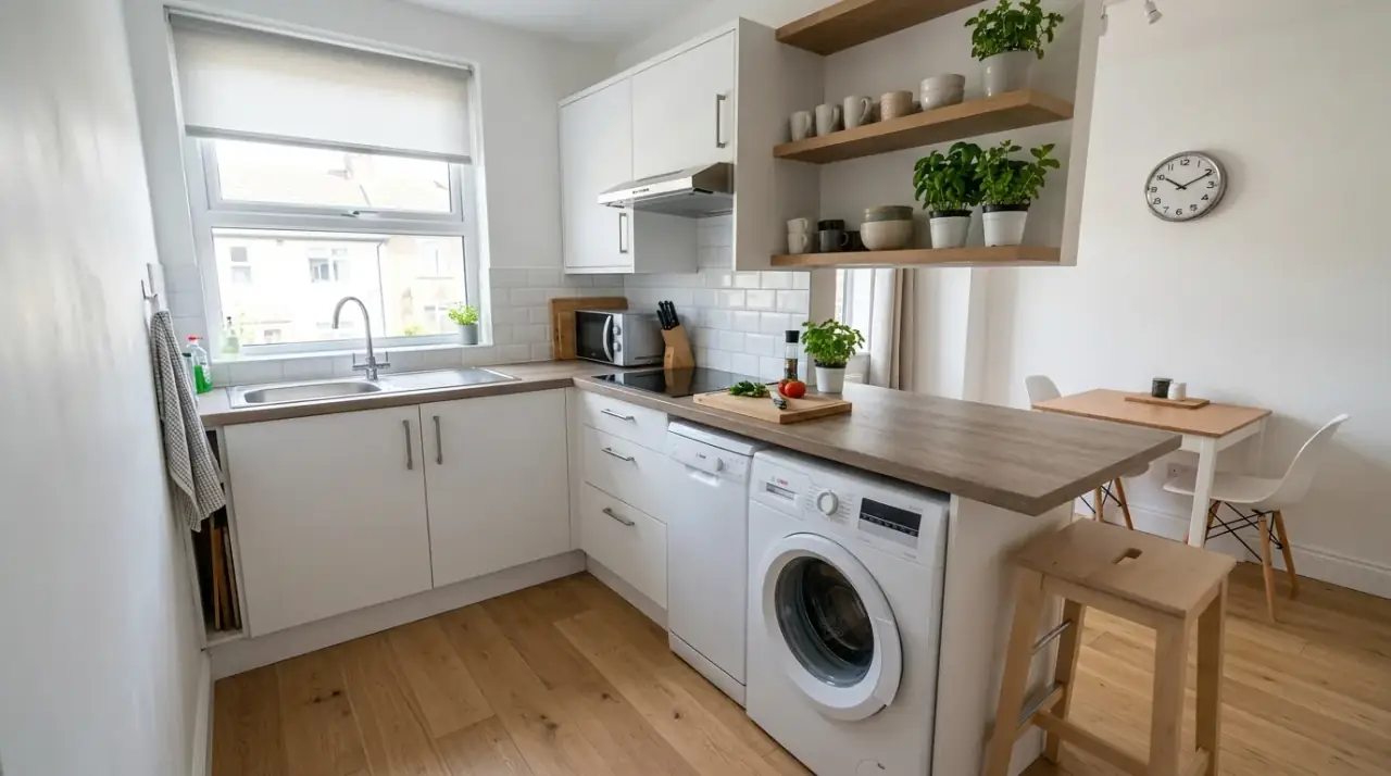 Quiet washing machine kitchen. Integrated laundry appliance chosen for quieter operation in the kitchen.