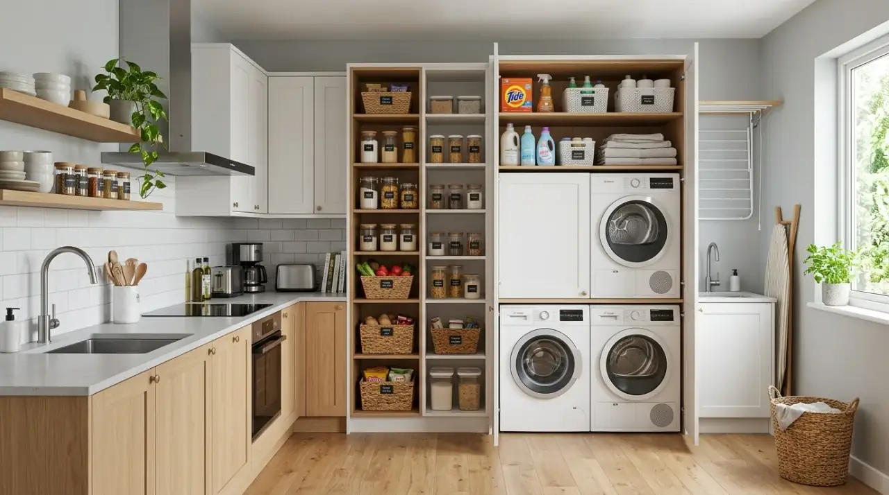 Built-in washing machine trim. Kitchen washing machine integrated with matching plinths and side panels.