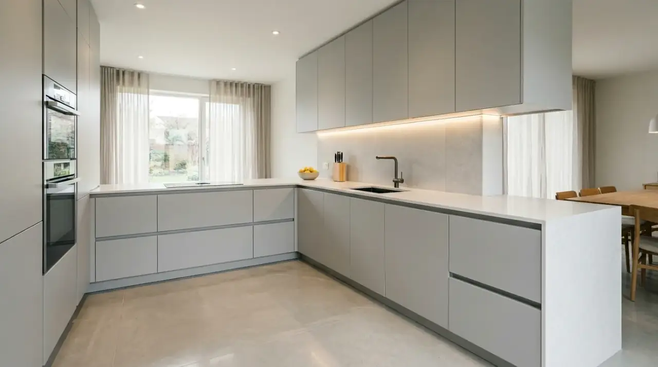 Warm kitchen with laundry integration. Kitchen balancing washing machine practicality with warm residential styling.