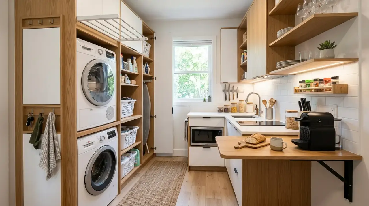 Upper storage over washing machine. Kitchen with washing machine and useful upper cabinets for laundry supplies.