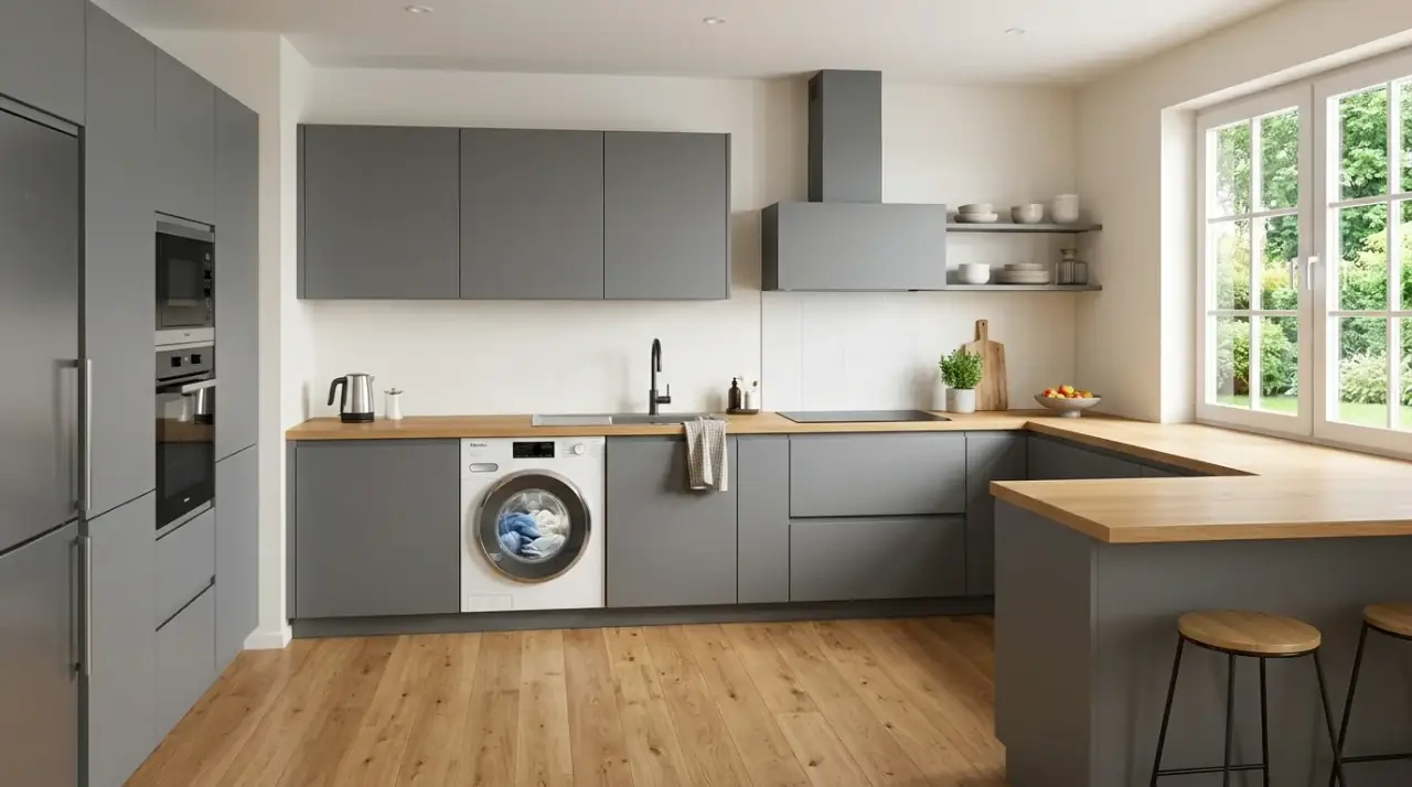 Unified laundry kitchen finishes. Kitchen with washing machine integrated through consistent flooring and cabinetry.