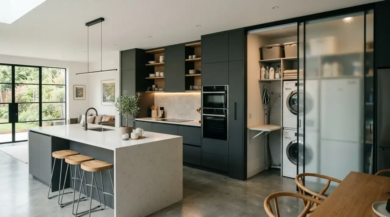 Kitchen laundry integration overview. Practical kitchen design balancing laundry function with warm cooking-space style.